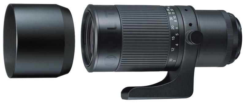 200mm F4レンズ＜ニコン用/キヤノン用＞。付属フード、Tマウントを装着