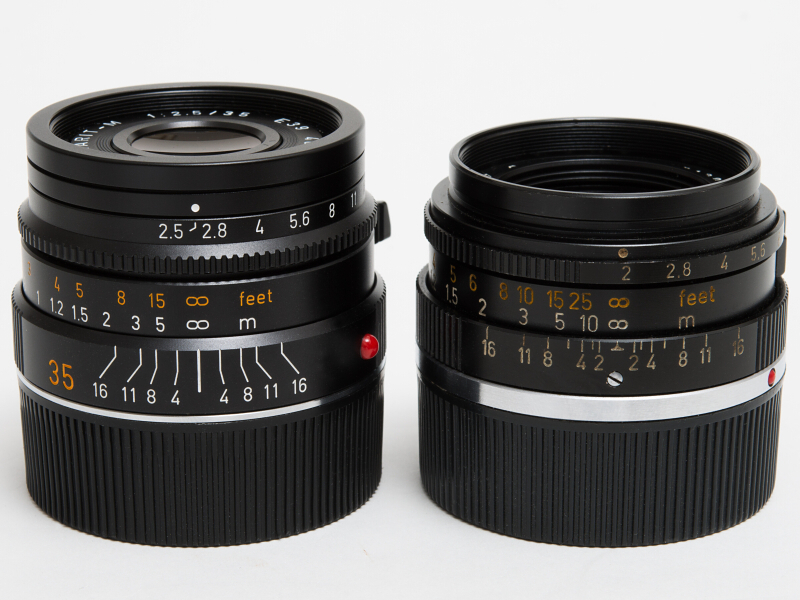右が1970年代のSUMMICRON f2/35mm。2代目の6枚玉と呼ばれるモデルだ。左のSUMMARIT-M f2.5/35mmと形が似ている。デジタルはもちろん、どのM型ライカに装着してもよく似合う。