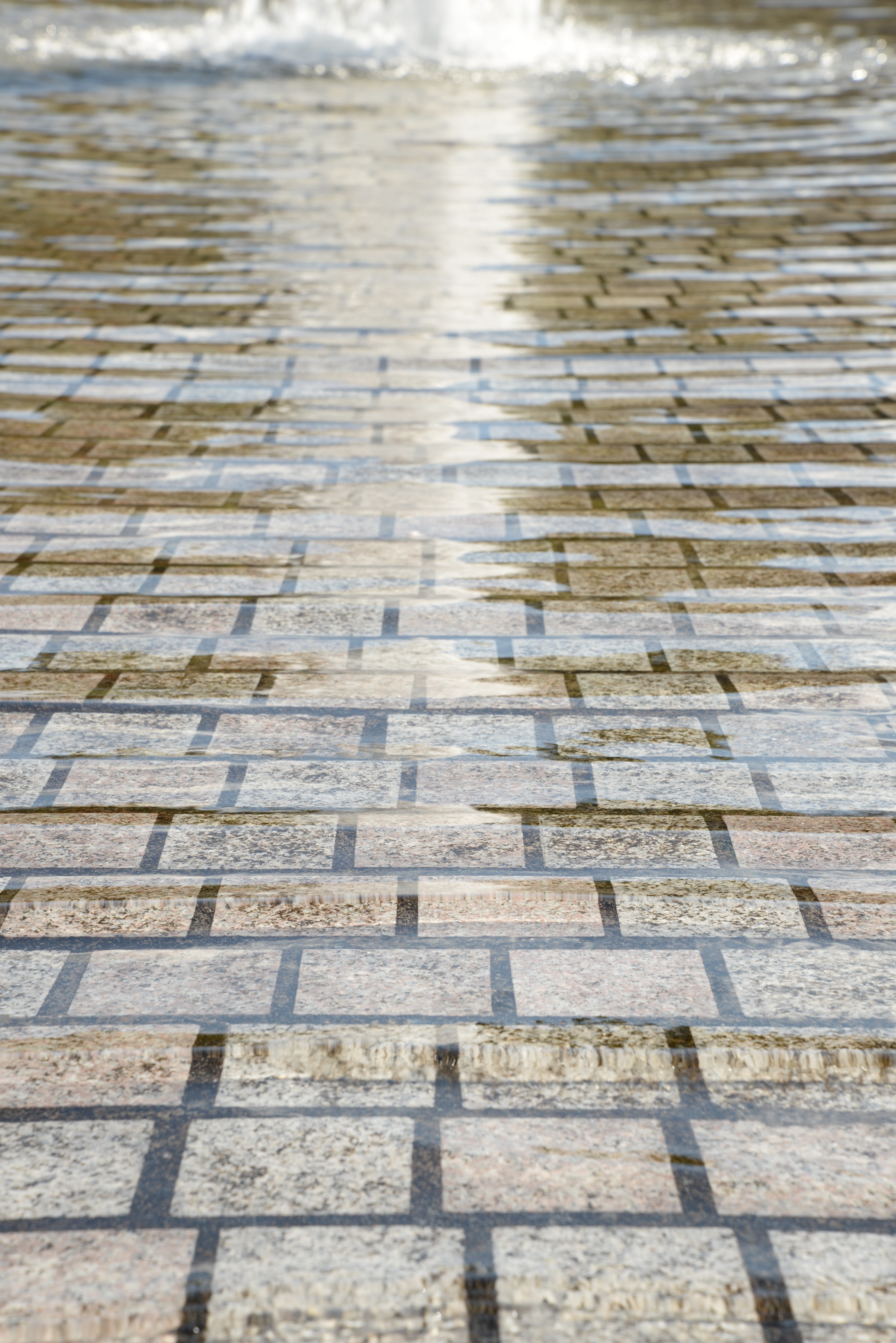 歪曲収差は、広角端はわりとよく補正されているが、望遠端ははっきりしたイトマキ型。円形の噴水なので、ほんとは線の曲がり方が逆なのだ。/ D610 / AF-S NIKKOR 24-85mm F3.5-4.5 G ED VR / 4,016×6,016 / ISO100 / F11 / 1/100秒 / 85mm