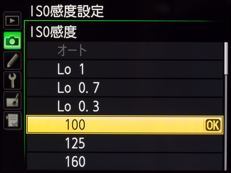 ISO感度の設定範囲はLo 1.0（ISO50相当）からHi 2.0（ISO25600相当）まで。常用範囲はISO100からISO6400までとなる。