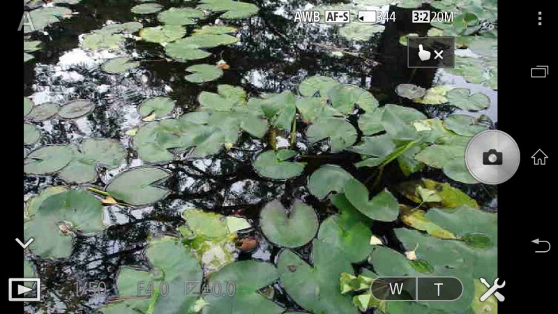 撮影可能状態の「PlayMemories Mobile」アプリの画面。シャッター、ズーム、画像再生などをタッチ操作で行う。ピントを合わせたい場所に任意でタッチAFをすることもできる。