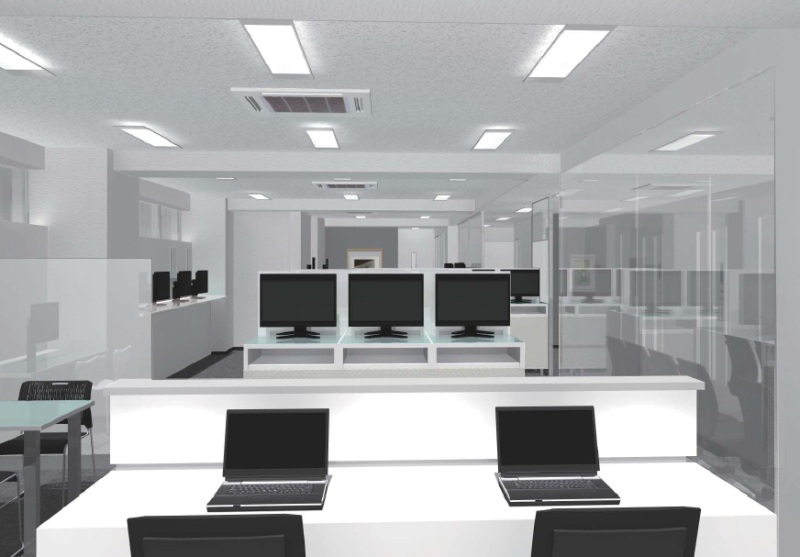 内装はディスプレイの表示を考慮して無彩色で統一した。