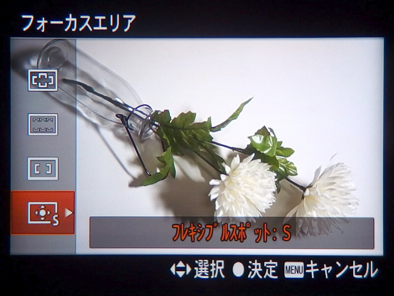 フレキシブルスポットのスポット枠サイズが3段階から選択可能できるようになった。例えばコントラストの強いものが被写体近くにあってピントが目的の部分に合わせにくいような場合に、スポット枠サイズを小さくして厳密なピント合わせができる。小さなことかもしれないが、確実に使いやすさの向上につながる嬉しい機能だ（いずれもEVF内を撮影）。