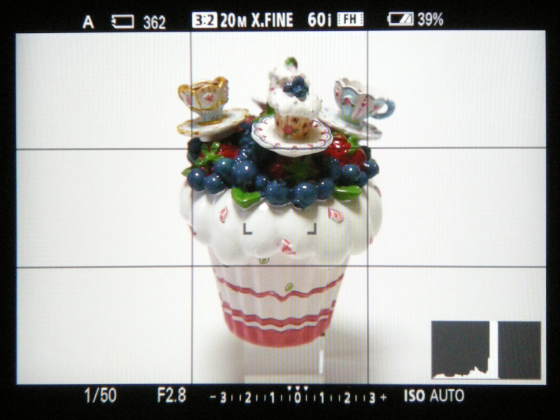 EVF内を撮影。左より情報表示なし、ヒストグラム、水準器となる。なお、格子線はデフォルトの設定では表示されない。