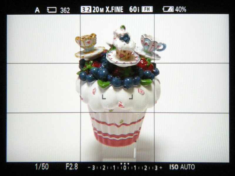 EVF内を撮影。左より情報表示なし、ヒストグラム、水準器となる。なお、格子線はデフォルトの設定では表示されない。