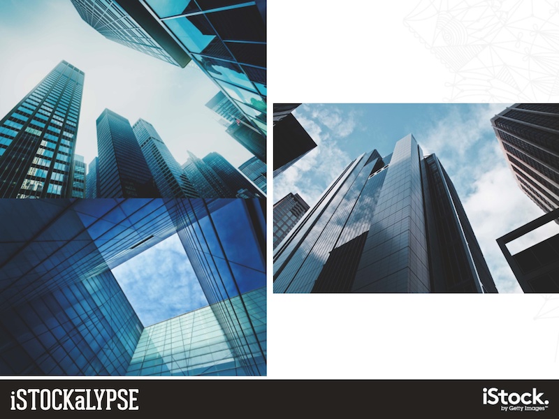 例）都市の光景：ビジネス、リフレクション（反射、反映）を連想させる絵柄