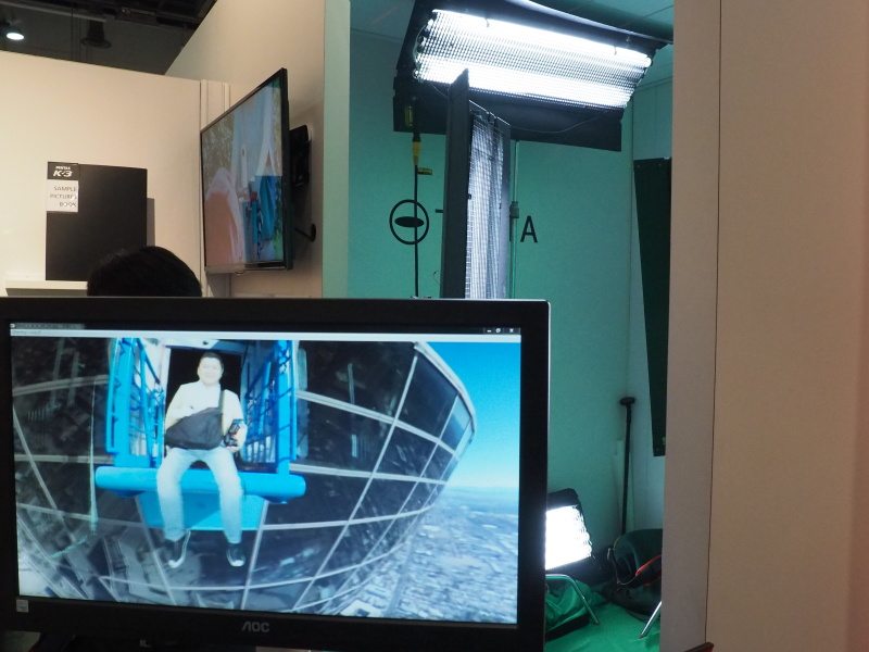 撮影コーナー内はグリーンバックで、被写体の前方上下左右方向からの照明と、THETAが1台セットされている