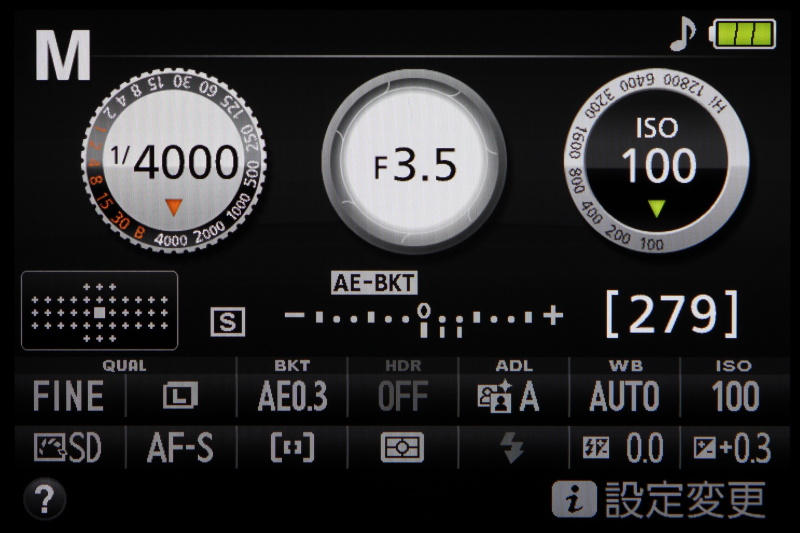 infoボタンを押すと表示されるインフォ画面。カメラの設定状況などが一目で把握できる。
