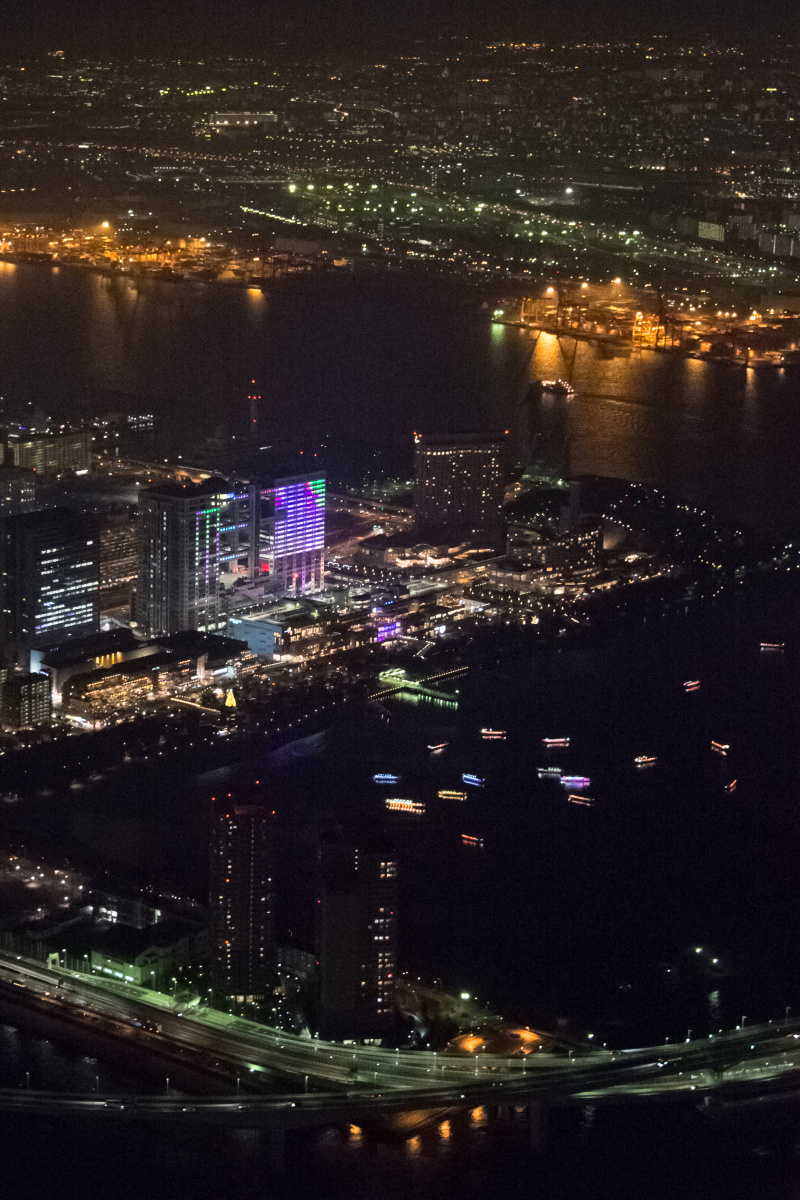 お台場付近。フジテレビ社屋と船のカラフルなライトアップが美しい