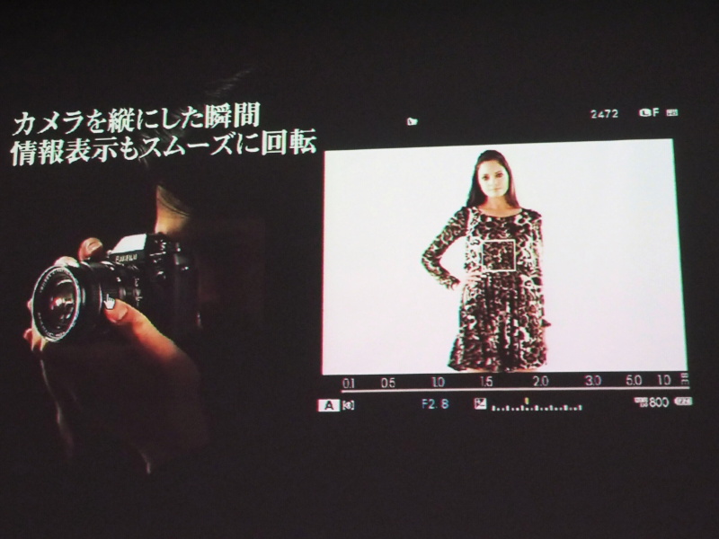 通常撮影時、「縦横自動表示バー切り換え」でカメラの縦横に応じてEVF内の表示が回転する