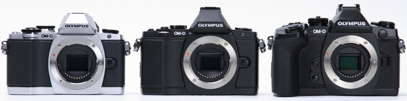 参考：OM-Dサイズ比較。左からE-M10（シルバー）、E-M5（エリートブラック）、E-M1