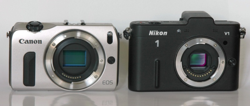 キヤノンEOS M（左）とNikon 1 V1（右）を比較してみると、ボディの大きさはあまり変わらない。撮像素子面をみると、画面サイズの違いがわかる。