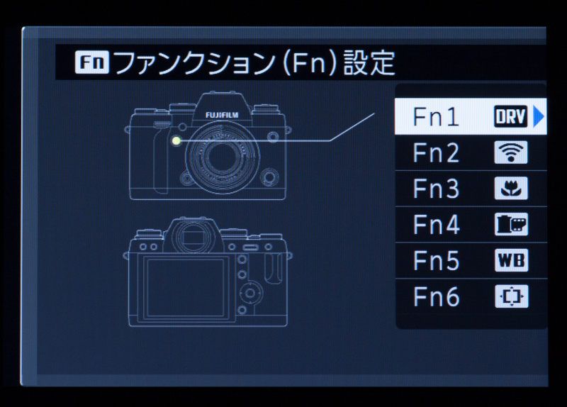 DISPボタンを長押しすると、Fnボタンの機能一覧を表示できる。割り当て機能の確認に便利だ