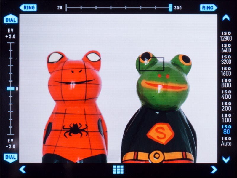 「EXファインダー」の画面。画面外周部にファンクションリングやコントロールダイヤルのホイール部、十字キーの機能が分かりやすく表示される。