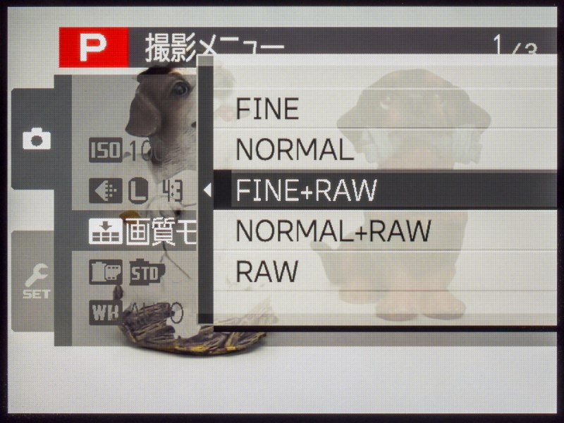 撮影メニューの「画質モード」の画面。コンパクト機ながらRAWに対応。もちろん、RAW+JPEG同時記録も可能だ。