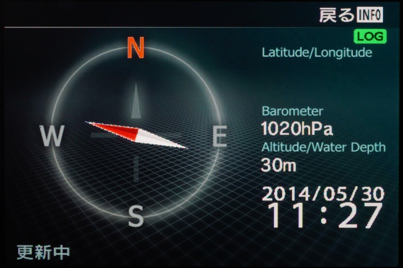 電子コンパスの画面。方位、緯度と経度（室内で電波が拾えないため表示されていないが）、気圧、標高などが表示される。