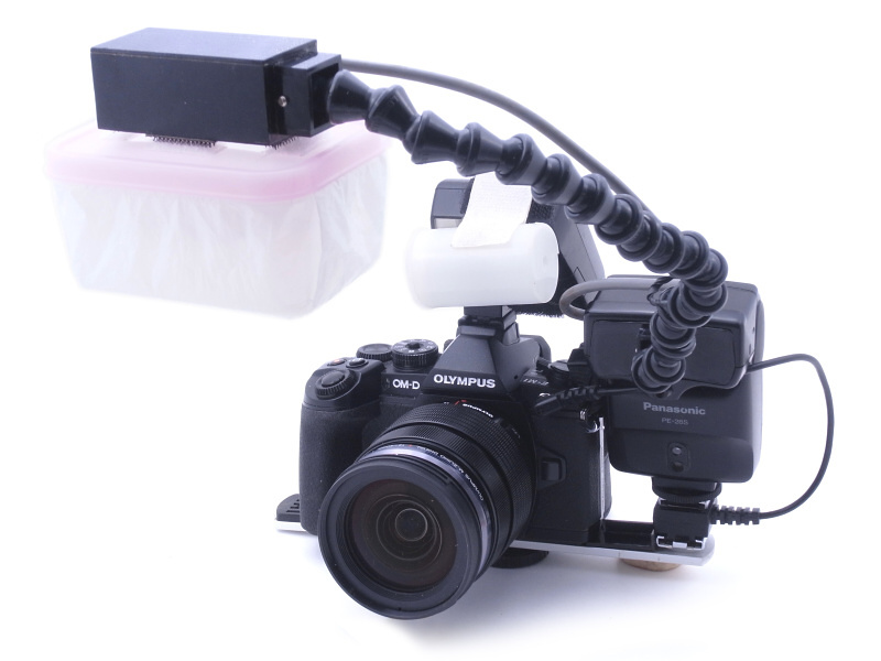 すべてのパーツを装着するとこのようになる。マクロ撮影において正面からの照明と、逆光気味の照明の2灯式システムとなった