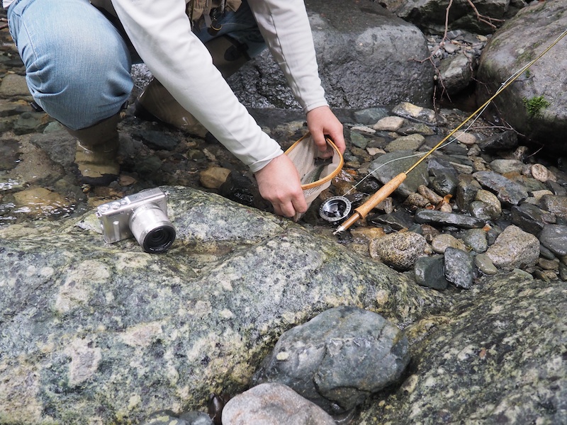 釣れた魚の記念写真を撮影するのダ。それを撮るAW1は、こんなふうに濡れた岩の上にとりあえず置いておいた。