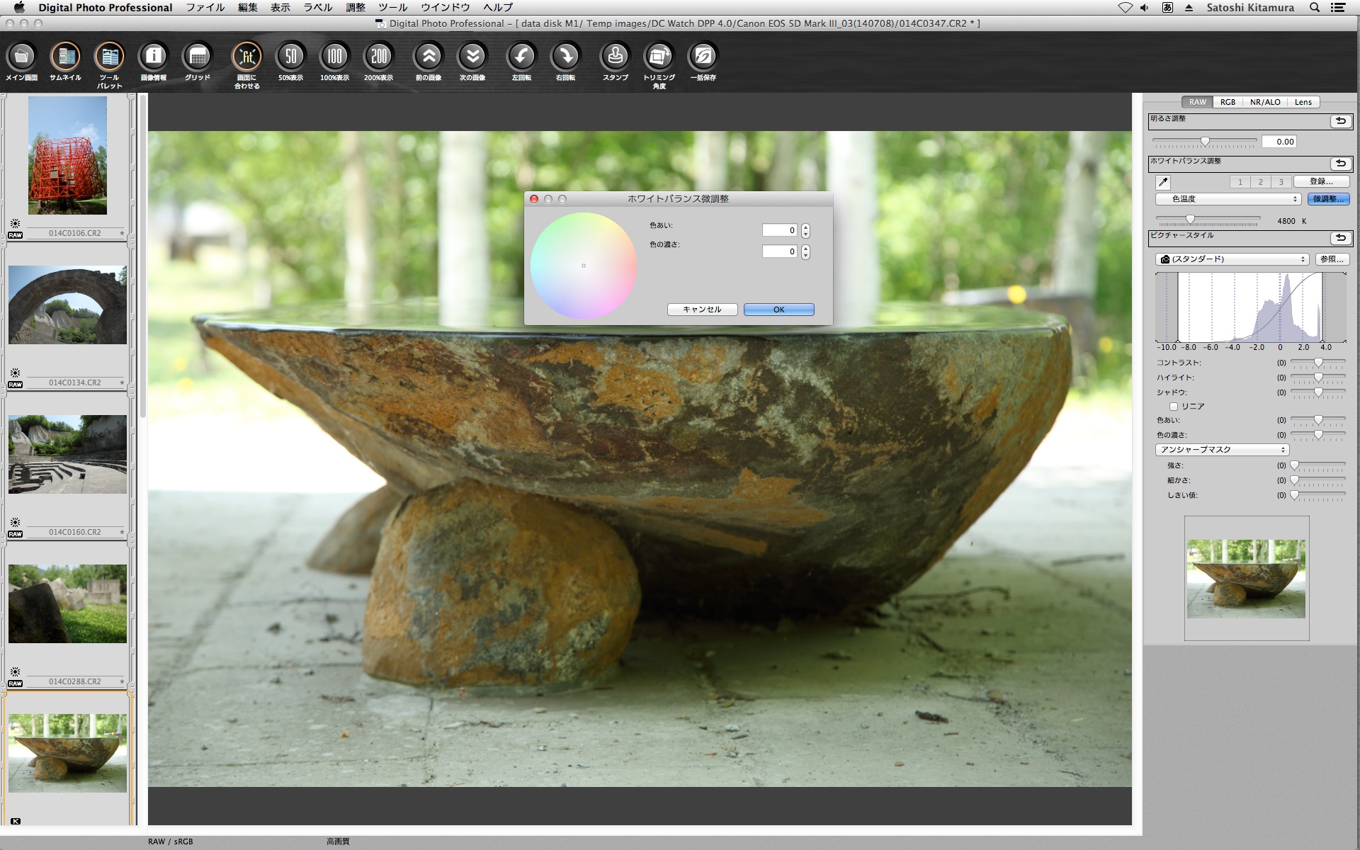 DPP 3の「ホワイトバランス微調整」の画面。調整パラメーターが「色あい（色相）」と「色の濃さ（彩度）」なのがややこしいところだった。