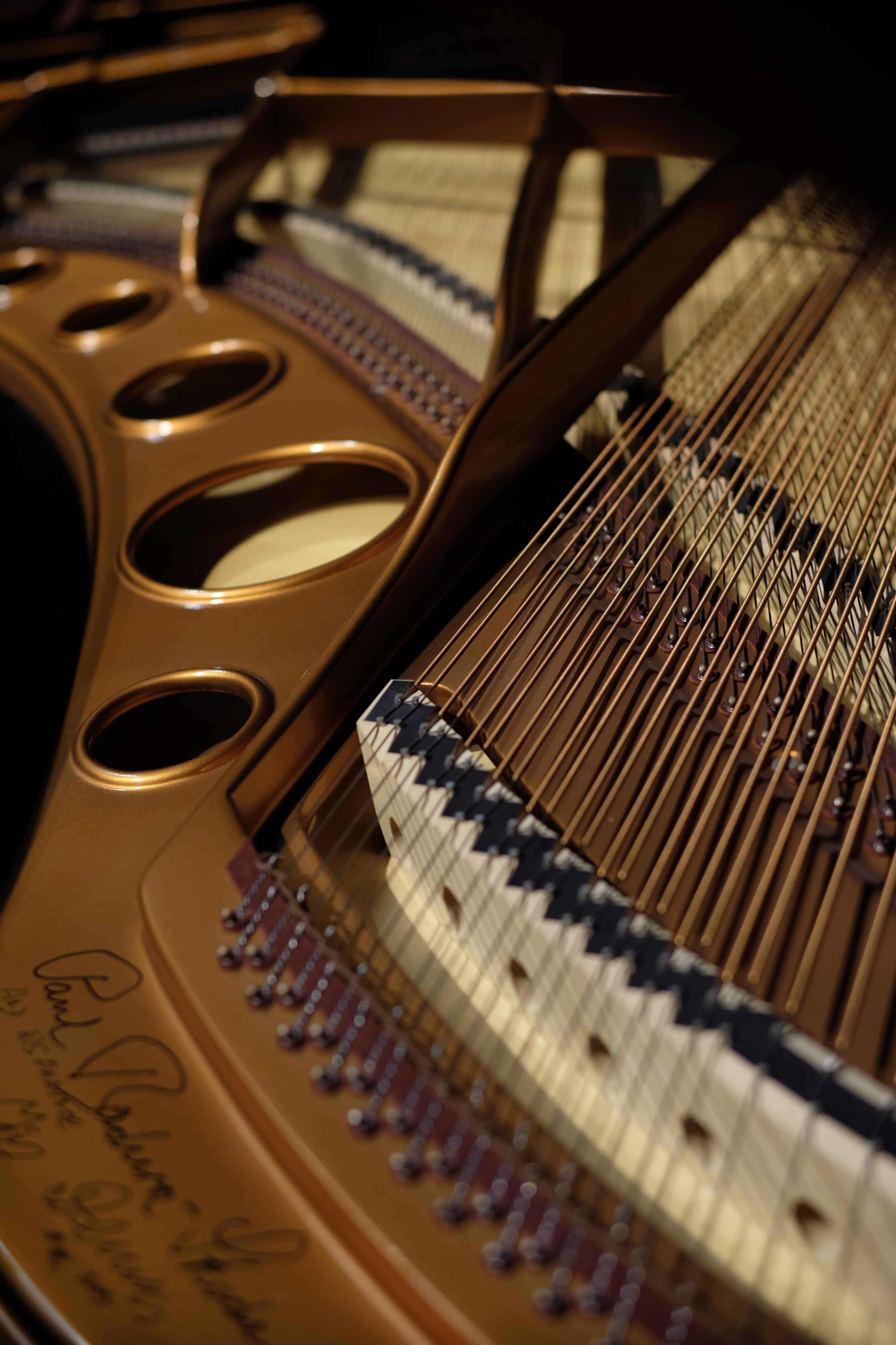 ピアノ弦の中程にピントを合わせた。開放近辺の被写界深度は極めて浅く、それでいて巻線までしっかりと解像している。X-T1 / 1/125秒 / F2 / -0.67EV / ISO200 / 40mm