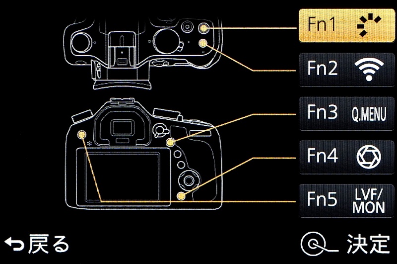 Fn1〜5のファンクションボタンに使用頻度の高い機能を任意で割り当て、自分好みの操作性にカスタマイズできる。割り当て可能な機能は「AF-ON」「水準器表示」など33種類。