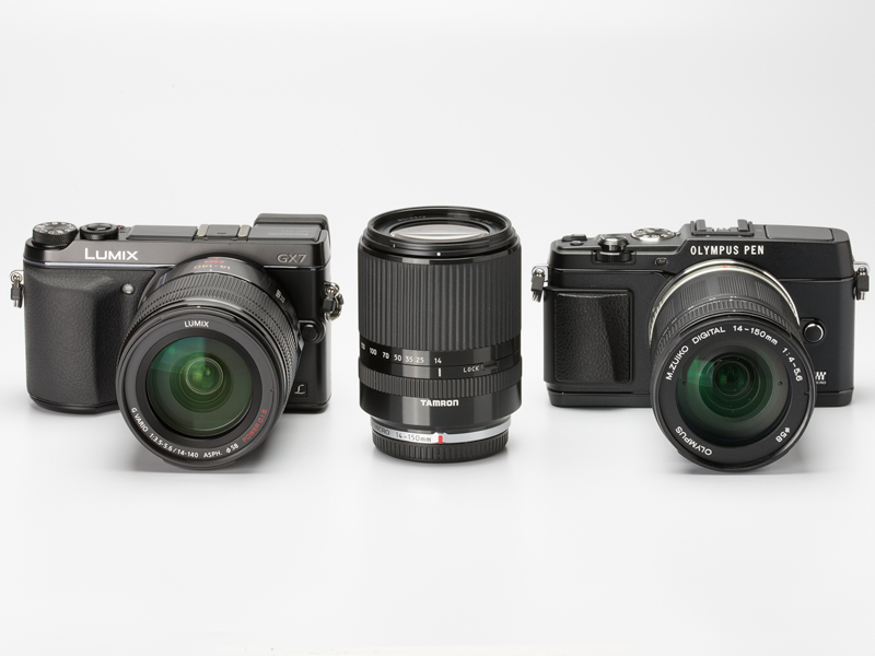 左からパナソニック「LUMIX G VARIO 14-140mm F3.5-5.6 ASPH. POWER O.I.S.」（装着ボディはLUMIX DMC-GX7）、タムロン「14-150mm F/3.5-5.8 Di III」、オリンパス「M.ZUIKO DIGITAL ED 14-150mm F4-5.6」（同OLYMPUS PEN E-P5）