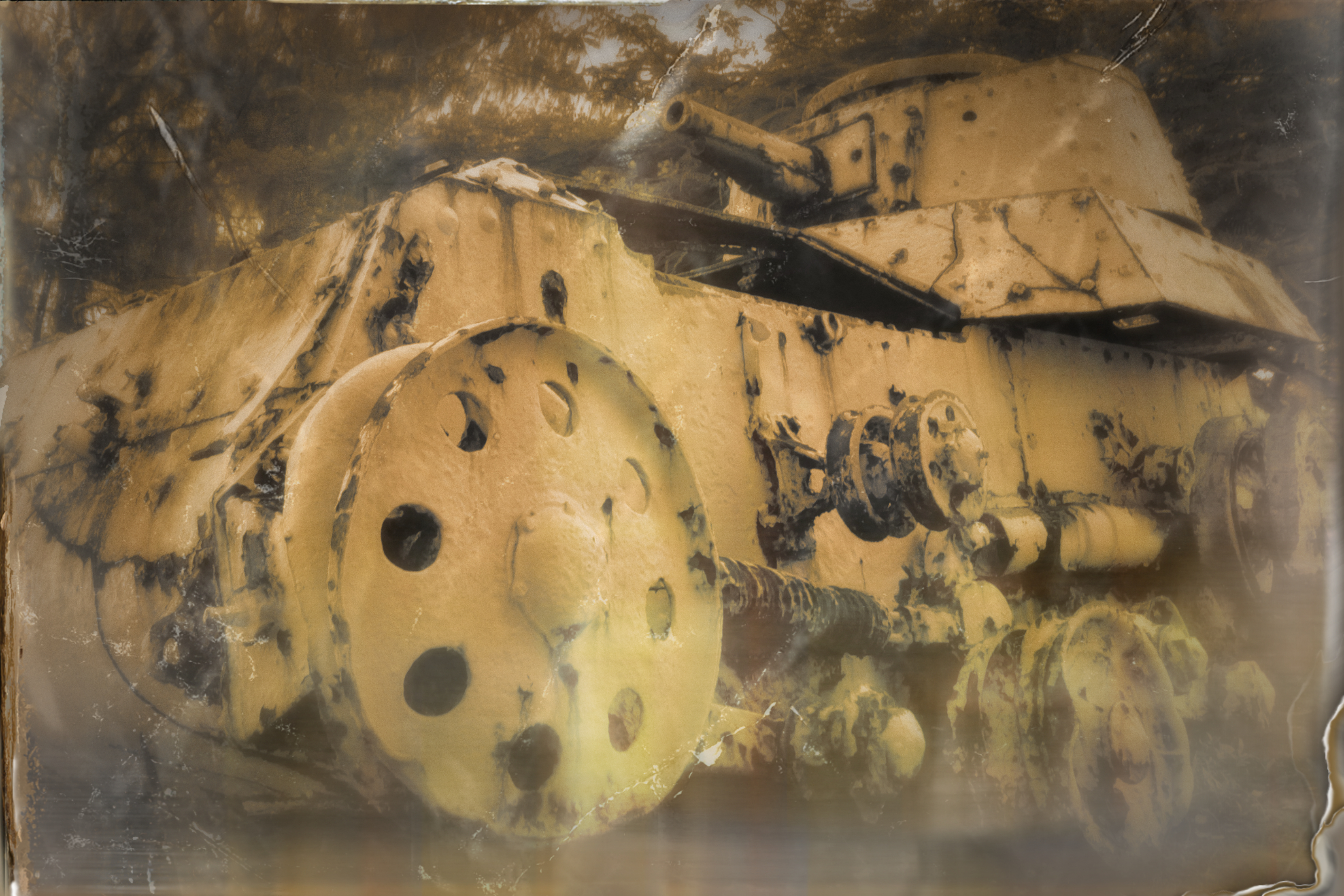 Rollei Ortho 25、フィルムレンダリング：強さ0、調色処理：金セピア 強さ150、クリエイティブヴィネット-30、クリエイティブブラーヴィネット：強さ50 光彩拡散30、テクスチャ：しわくちゃの紙、光漏れ：色付き3 強さ80、フレーム：古い紙2 サイズ50 回転