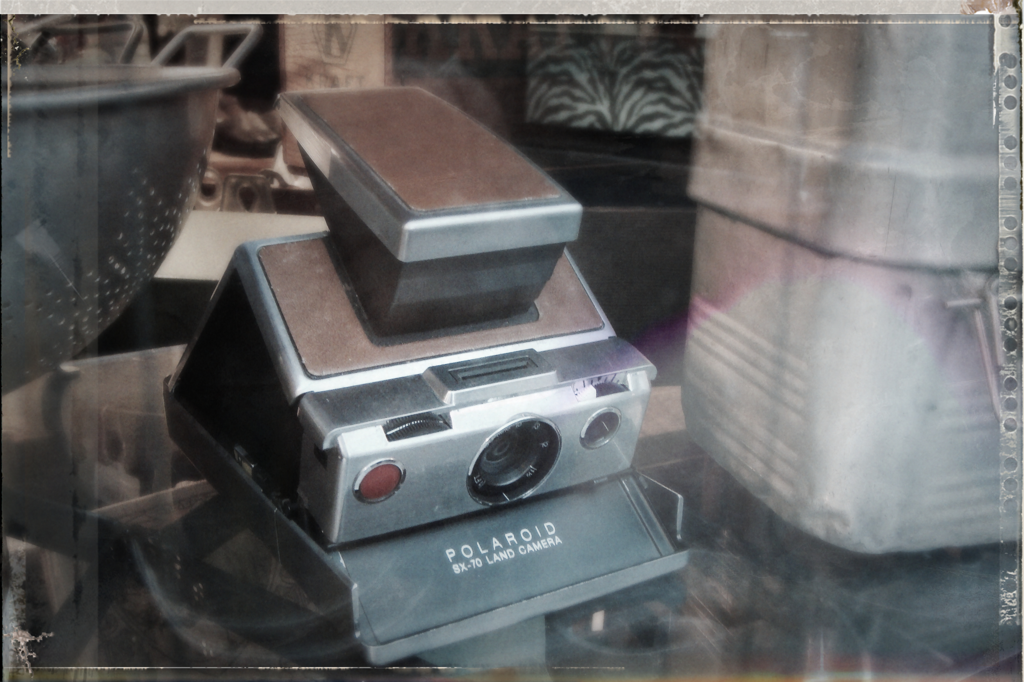 Polaroid 669、クリエイティブビネット：強さ-30、クリエイティブブラーヴィネット：強さ20 光彩拡散30、テクスチャ：しみ2、光漏れ：色付き5、フレーム：インスタント サイズ50 回転、基本設定：コントラスト50 彩度-50、アドバンス設定：自然な彩度-50