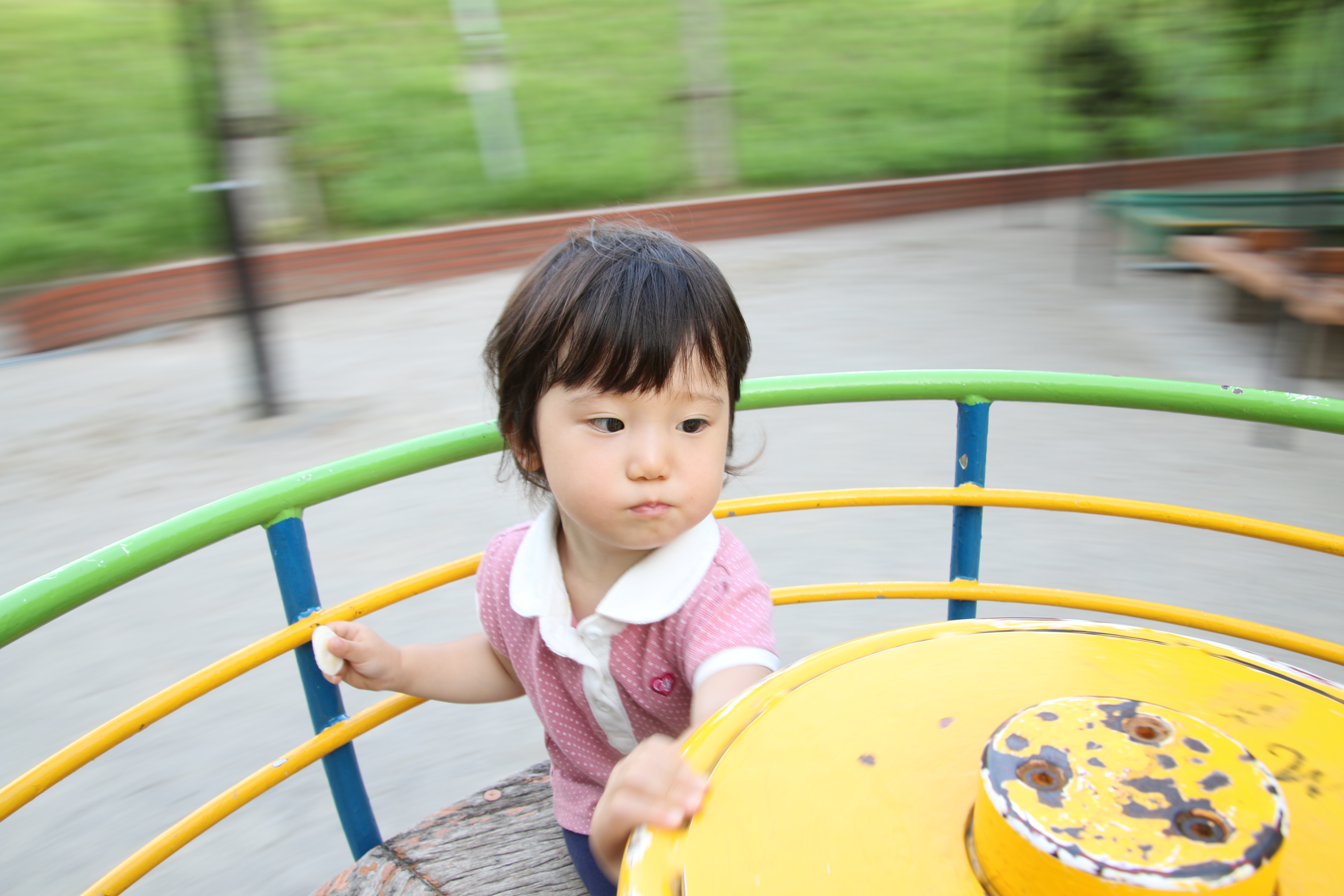 遊具でまわりながら撮影。スローシャッターにすることで、背景が流れています。手ブレ補正も役に立っているようです。EOS 70D・16-300mm F/3.5-6.3 Di II VC PZD MACRO・絞り優先・ISO100・F5.6・1/15・+1.6EV・WB:曇天・16mm