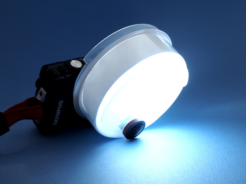 ストロボを発光させると、光がこのように回る。ディフューザーをレンズのセンターからずらして装着したのは、地面にいる昆虫を撮影するためなのである