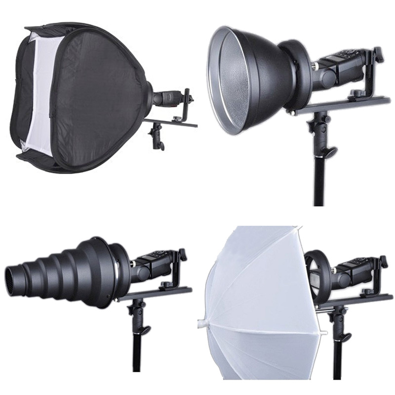 様々なモノブロックストロボ用アクセサリーを装着できる