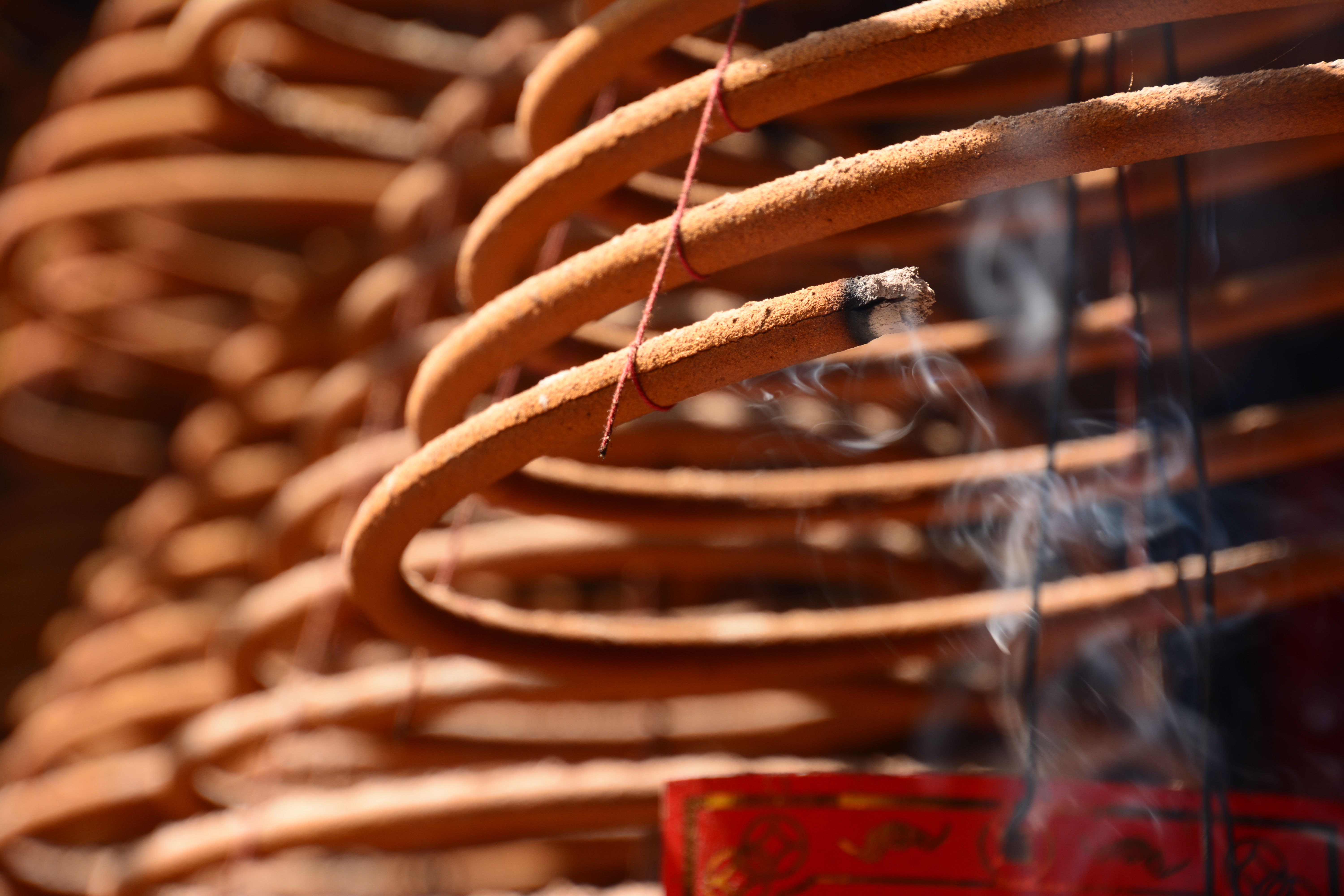 お寺につるしてあった線香を撮影した。AFではピント合わせが難しかったが、フルタイムマニュアルのお陰で最終的にマニュアルでしっかりとピントを合わせることができた。D7100／16-300mm F/3.5-6.3 Di II VC PZD MACRO／絞り優先／ISO100／F5.6／1/60秒／0.3EV／WB:曇天／86mm