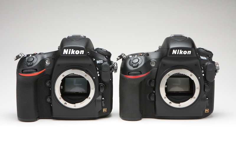 シャッターボタンの位置はD810のほうがわずかに高く、スラント量はD800Eのほうがわずかに大きい。プレビューボタンとファンクションボタンの形状も異なる。D800Eのカメラ名はかなり上を見ていることが分かる。