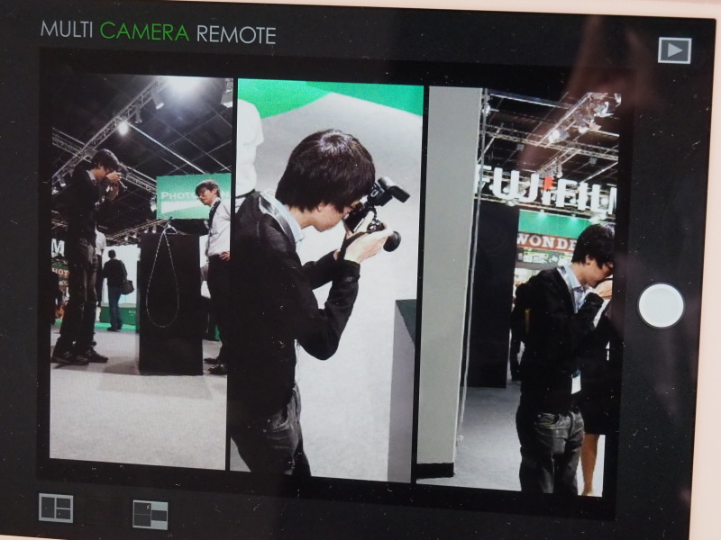 画面右のシャッターボタンで一斉レリーズ。3画面を任意に並べ替えることもできる