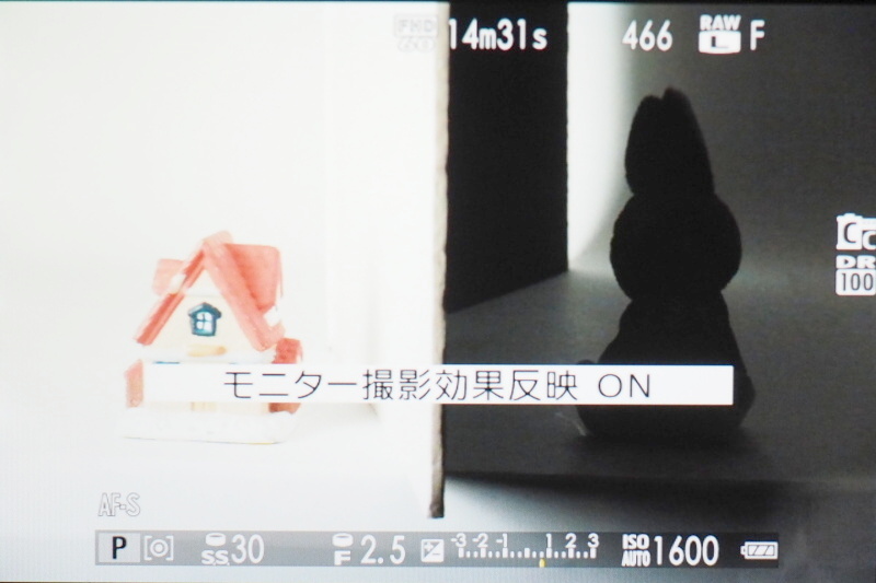 参考：画面内の左半分を明るく照らし、右半分は明かりを遮って暗くした状態（露出固定したカメラで背面モニターを撮影）。明部・暗部ともにディテールの残り具合に差が見られる