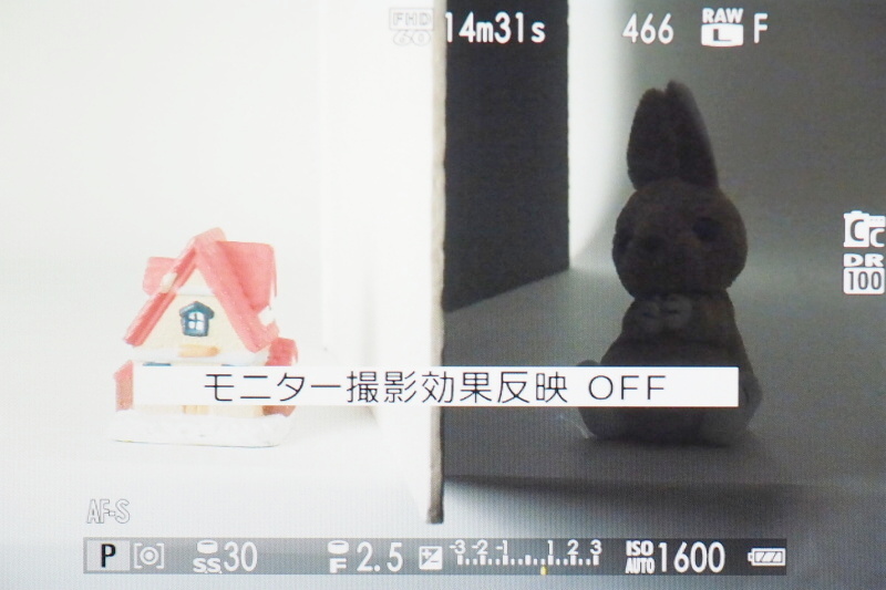 参考：画面内の左半分を明るく照らし、右半分は明かりを遮って暗くした状態（露出固定したカメラで背面モニターを撮影）。明部・暗部ともにディテールの残り具合に差が見られる