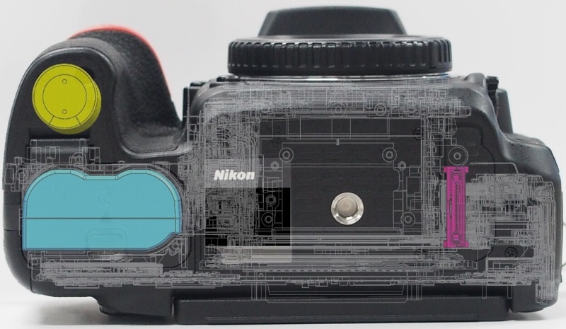 <strong class="">底面から見たレイアウトの違い</strong><br class="">左からD750、D610<br class="">上面・背面カバーにマグネシウム合金、前面カバーには炭素繊維複合素材を採用し、外装部材だけで強度を保つモノコック構造を採用。小型・軽量化と同時に、前ボディなど内部メカをしっかり保護できる堅牢性も両立させている