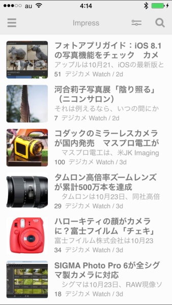 iPhone 6 Plusへの最適化問題は多くのアプリが抱えている。RSSリーダーの「Feedly」もそのひとつだ。従来端末に最適化されたアプリ画面を拡大表示しているため、iPhone 6 Plusの大画面・高精細を活かしきれておらず、文字も微妙に滲んで見える。