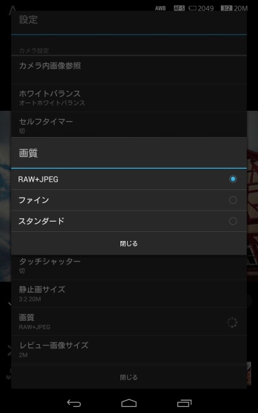 画質設定画面。本格的カメラ同様に、RAWとJPEGの同時記録ほか、JPEGのファインとスタンダードから選べる