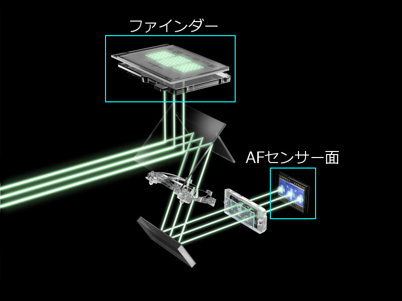 <strong class="">AFセンサーユニットの仕組み</strong><br class="">ボディ下部にあるAFユニットにサブミラーで光を反射。コンデンサーレンズで光束を分離し、AFセンサー上に十字に配置されている各ラインセンサーに的確に光が導かれるように工夫されている