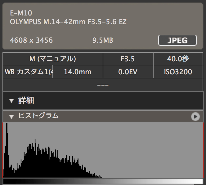 上の写真のヒストグラム。オリンパスの画像ソフト「OLYMPUS Viewer 3」をキャプチャしたもの。左端の尖ったピークは木立のシルエット、幅広い大きな山が夜空に当たる部分だ。この夜空部分がヒストグラムの左寄り1/3から1/4あたりになるように露出を調整しよう。