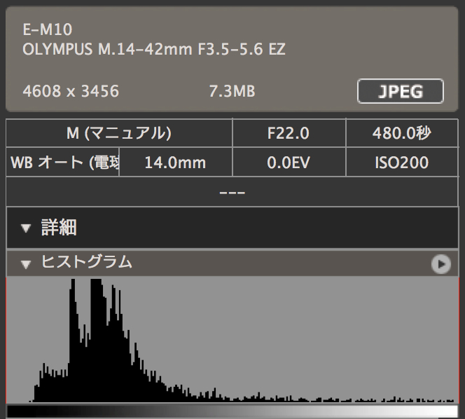 露出条件はまったく違うが画像の明るさは同じなので、ヒストグラムでは2秒も8分もほとんど同じような山の形になっている。
