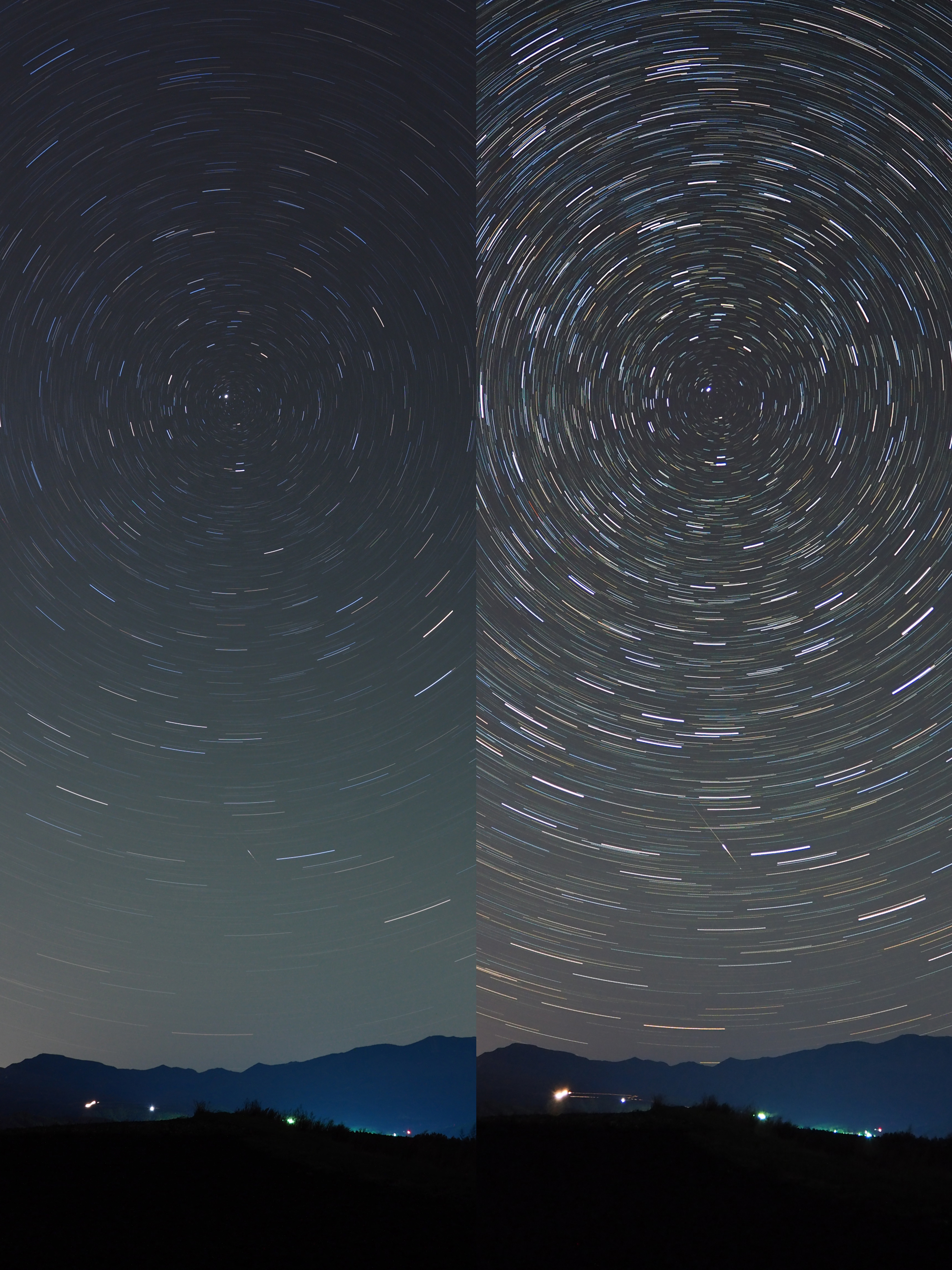 天の川が楽に見えるような条件のいい空で同時に撮影した「長時間露出」と「比較明合成」の画像を並べてみた。画面左が長時間露出（30分）、右が比較明合成（60秒設定でライブコンポジット、30分間）。<br class="">比較明合成はE-M10のライブコンポジット機能によるものだ。条件のよい空では、長時間露出の方が光跡が滑らかで自然な印象。比較明合成では星の光跡が強いためコントラストは標準にしている。比較明合成は高感度で撮影できるので流星もクッキリと写る。