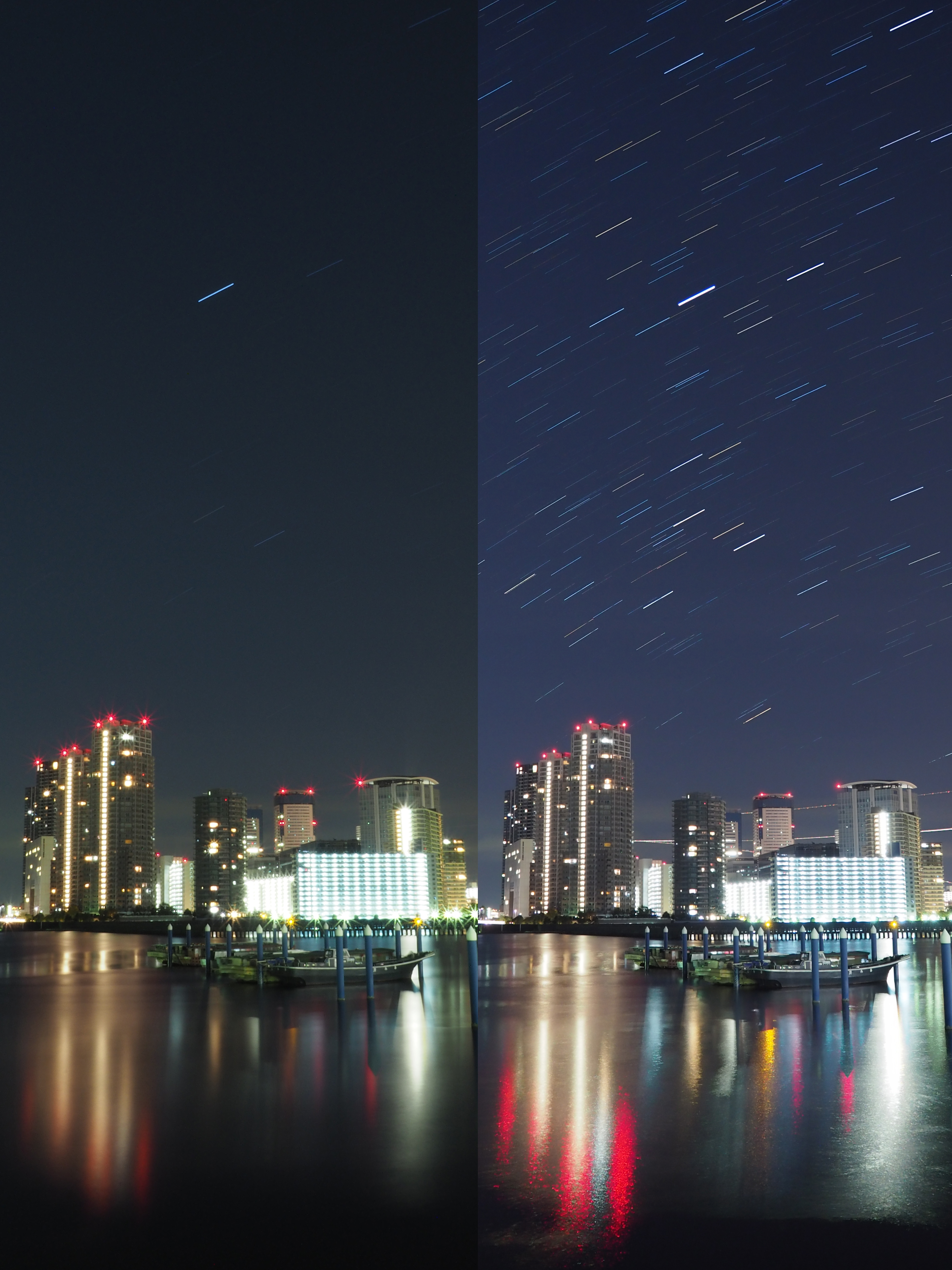 都市部の明るい空で美しく星の光跡が撮れるのは、比較明合成ならでは。左が長時間露光（8分）、右が比較明合成（2秒設定でライブコンポジット8分間）。<br class="">飛行機の光跡や水面の光の反射にも注目して欲しい。少しでも光ったところを残して合成するため、長時間露出では消えてしまうところがハッキリと残っている。一方で、長時間露出の水面の反射は非常に滑らかになることがわかる。