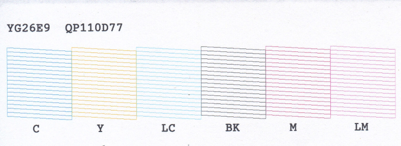 正常なノズルチェックパターン。一部がかすれていたり、欠けていたらノズルが詰まっていることを表します。