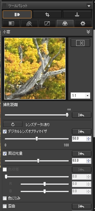 ［レンズ補正ツールパレット］の［周辺光量］にチェック。［デジタルレンズオプティマイザ］にもチェックを入れた。設定値はそれぞれ自動的に設定された値のまま