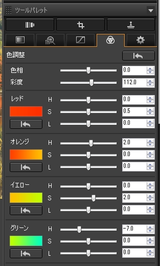 ［色調整ツールパレット］を開き、［色調整］の［彩度］を［112.0］と全体を少し鮮やかに調整。紅葉に影響する［レッド］の［S］を［0.5］、［オレンジ］の［H］を［2.0］、［イエロー］の［S］を［2.0］、［グリーン］の［H］を［-7.0］に設定して印象的な色合いに調整した