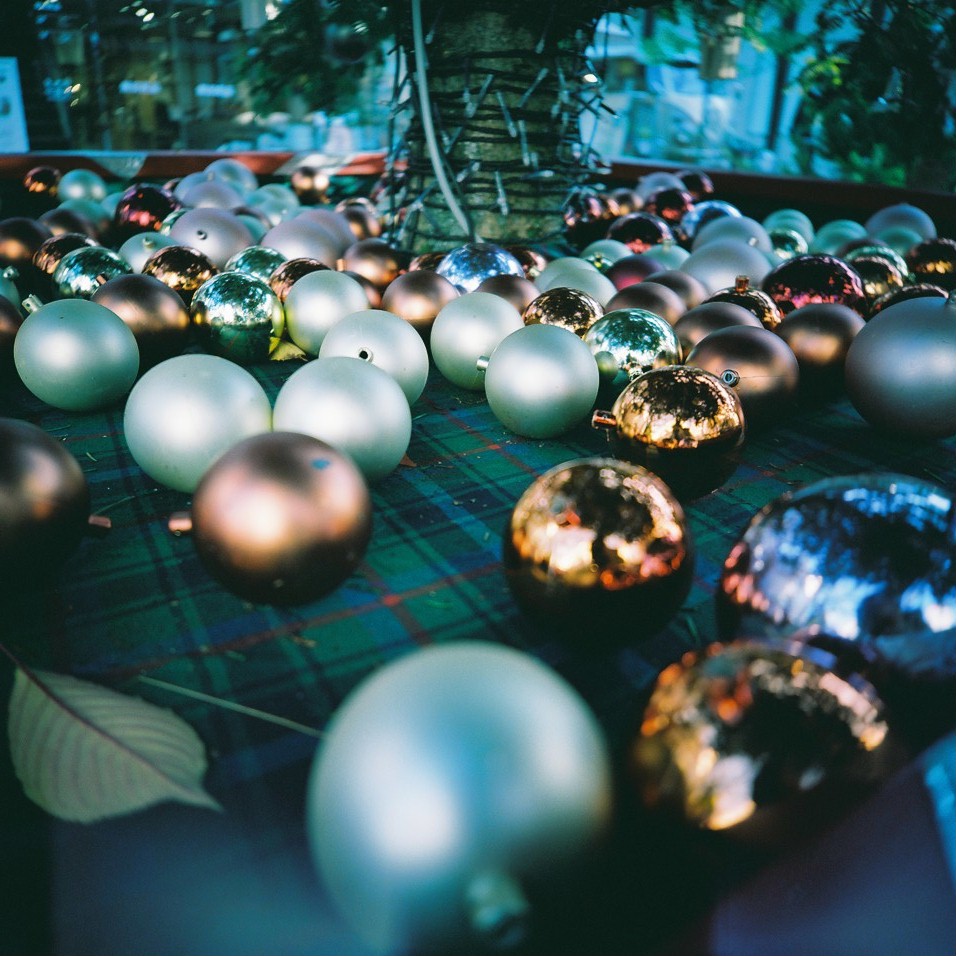 クリスマスツリーの根元に並んでいた飾りに、ツリーが反射してキレイだったので、撮った一枚。中央のピントの合った部分はツリーの写り込みもシャープに写っており、前後のなだらかなボケがきれいです。