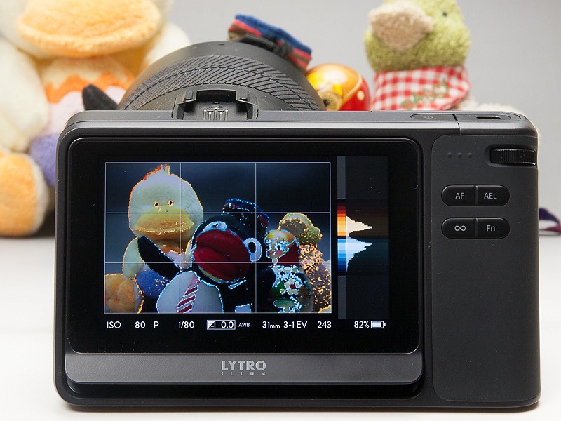 Lytroボタン全押しで深度オーバーレイ表示にしたところ。ヒストグラムで再合焦範囲が示されている