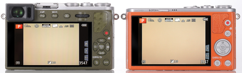 <strong class="">GM5とGM1の背面部の比較</strong><br class="">EVF搭載で背面液晶モニターが16:9になり、画面もライブビュー表示もGM5（左）の方が小さいが、上部に設置されたダイヤルやボタンで操作性が向上。Fnボタンなどタッチ操作部にも余裕ができ、誤操作のリスクも減少した